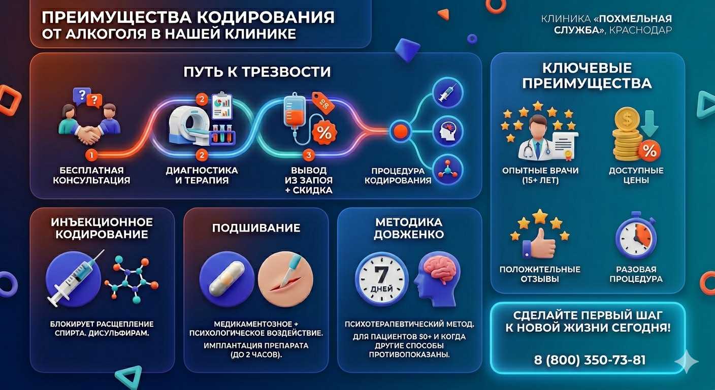 Инфографика о методах кодирования от алкоголя в Хабарах: инъекции, подшивание, метод Довженко. Преимущества клиники и этапы лечения.